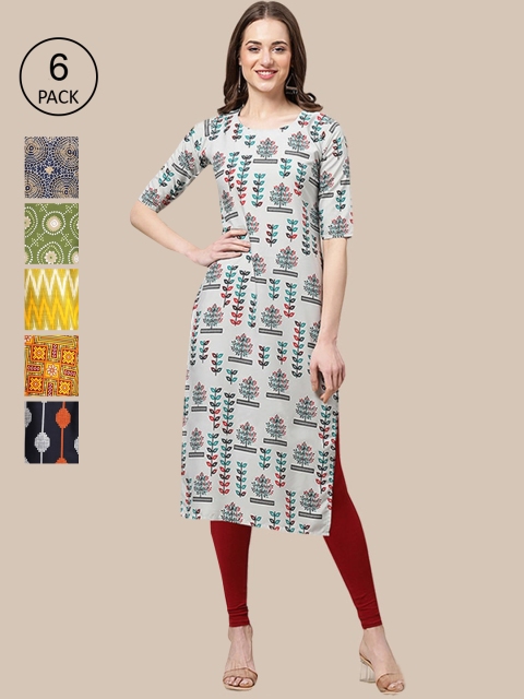 

1 Stop Fashion Women Pack of 6 Ethnic Motifs Printed Summer Sheers Crepe Kurta, Multi