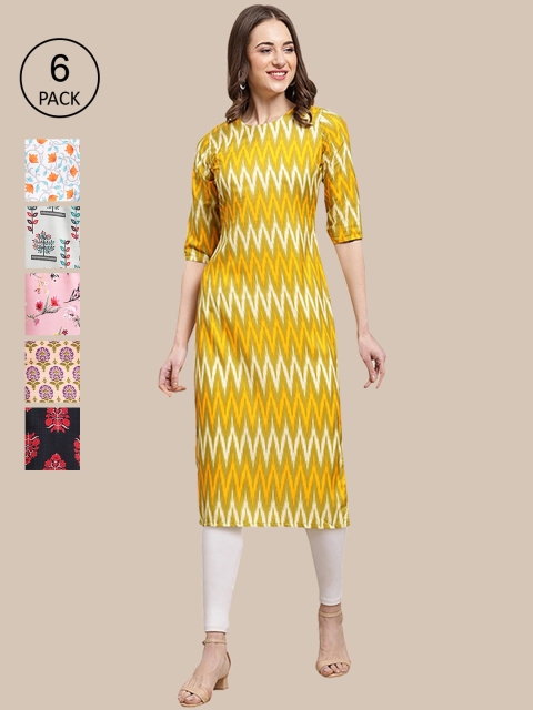 

1 Stop Fashion Women Pack of 6Ethnic Motifs Printed Summer Sheers Crepe Kurta, Multi