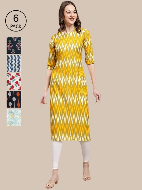 

1 Stop Fashion Women Ethnic Motifs Printed Thread Work Set of 6 Summer Sheers Crepe Kurta, Multi