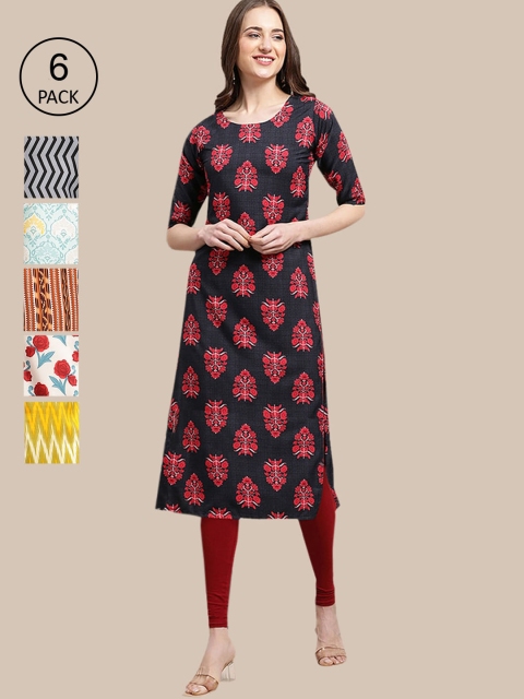 

1 Stop Fashion 6 Women Multicoloured Ethnic Motifs Printed Summer Sheers Crepe Kurta, Multi