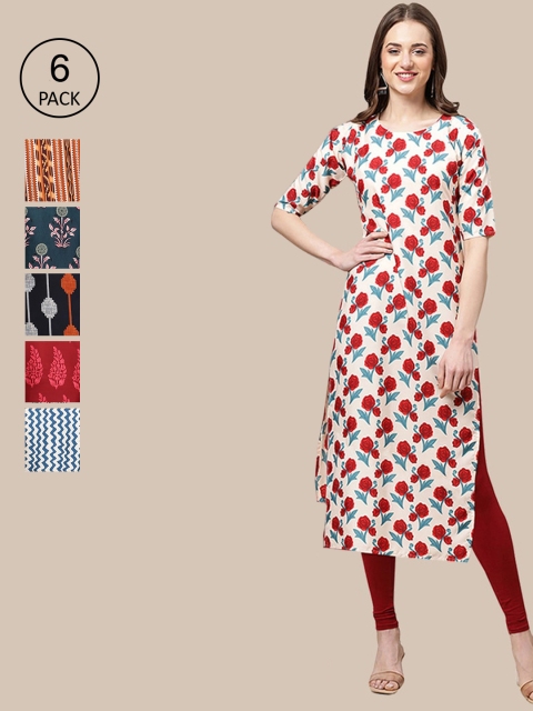 

1 Stop Fashion 6 Women Multicoloured Ethnic Motifs Printed Summer Sheers Crepe Kurta, Multi