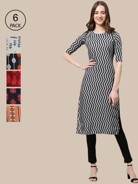 

1 Stop Fashion Women Pack of 6 Multicoloured Ethnic Motifs Printed Crepe Kurtas, Multi