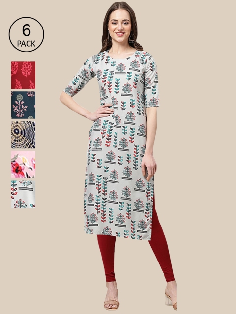 

1 Stop Fashion Women Pack of 6 Printed Crepe Kurtas, Grey