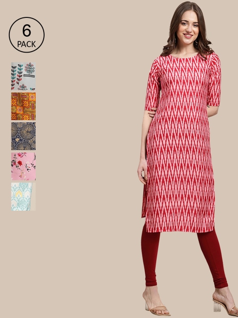 

1 Stop Fashion Women Pack of 6 Printed Crepe Kurtas, Red