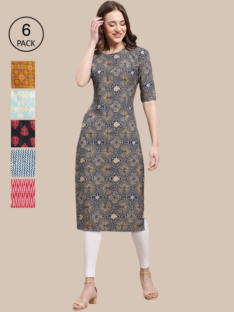 

1 Stop Fashion Women Multicoloured Ethnic Motifs Printed Flared Sleeves Thread Work Summer Sheers Crepe Kurta, Multi