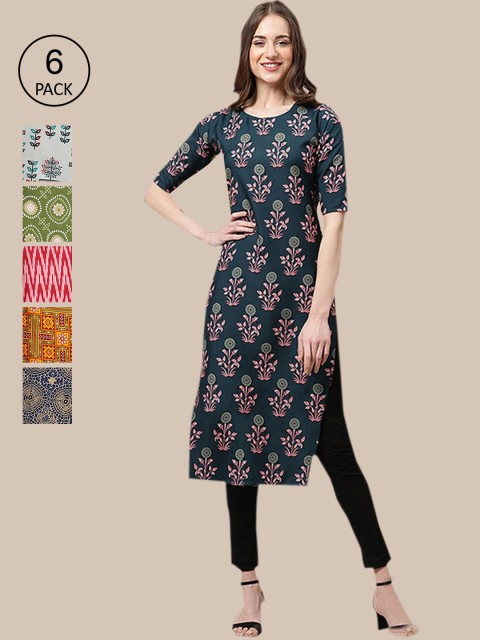 

1 Stop Fashion Women Pack of 6 Multicoloured Ethnic Motifs Printed Crepe Kurta, Multi