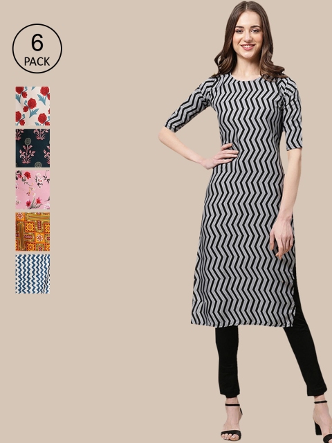 

1 Stop Fashion Women Pack Of 6 Multicoloured Ethnic Motifs Printed Crepe Kurta, Multi