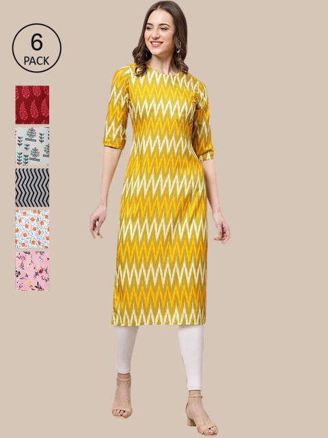 

1 Stop Fashion Women Set Of 6 Yellow & Red Floral Printed Crepe Kurtas