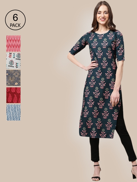 

1 Stop Fashion Women Set Of 6 Red & Blue Floral Printed Crepe Kurtas