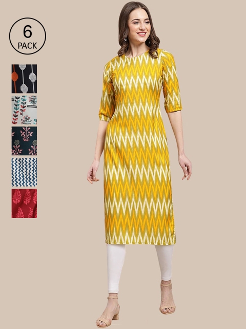 

1 Stop Fashion Women Set Of 6 Yellow & Red Floral Printed Crepe Kurtas