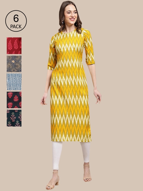 

1 Stop Fashion Set Of 6 Women Yellow & Navy Blue Ethnic Motifs Printed Crepe Kurta