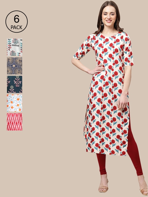 

1 Stop Fashion Women Set Of 6 White & Grey Floral Printed Crepe Kurta