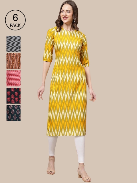 

1 Stop Fashion Women Set Of 6 Multicoloured Ethnic Motifs Printed Crepe Kurta, Multi