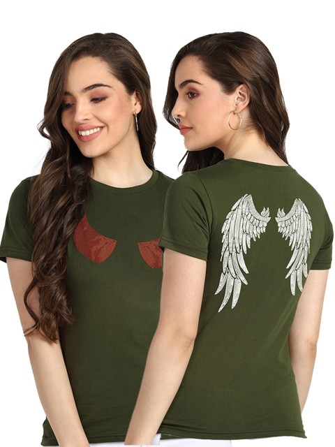 

shashvi Women Khaki Embellished Cotton T-shirt