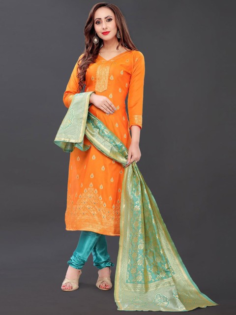 

FASHION YOU Women Orange & Blue Unstitched Dress Material