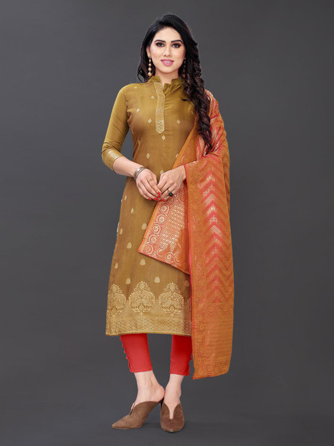 

FASHION YOU Women Gold-Toned & Red Printed Unstitched Dress Material