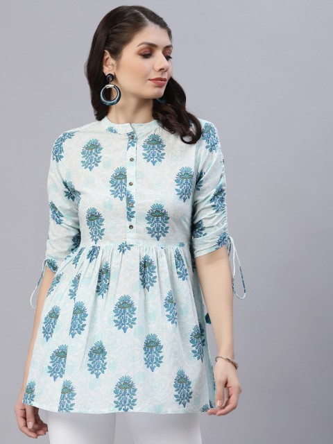 

Ragavi Blue Print Band Collar Longline Top