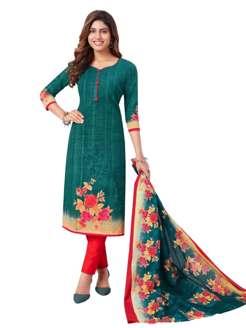 

SALWAR STUDIO Women Green & Red Printed Pure Cotton Unstitched Dress Material