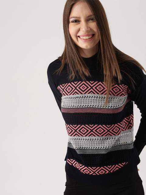 

DressBerry Women Navy & Grey Melange Self-Design Sweater, Navy blue