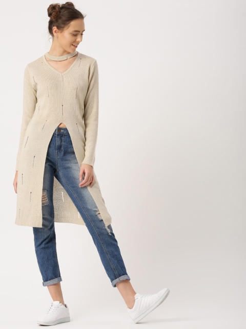 

DressBerry Women Beige Self Design Longline Pullover