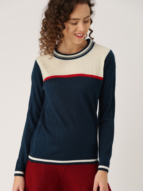 

DressBerry Women Teal Blue & Off-White Colourblocked Pullover Sweater