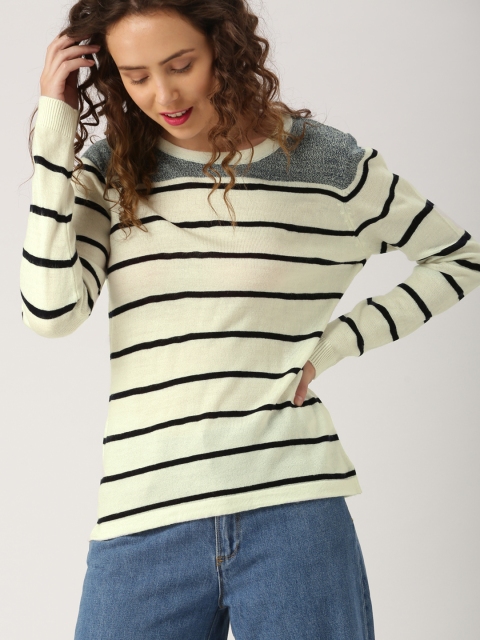 

DressBerry Women Off-White & Black Striped Pullover