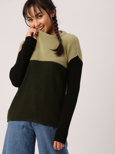 

DressBerry Women Beige & Olive Green Colourblocked Pullover Sweater