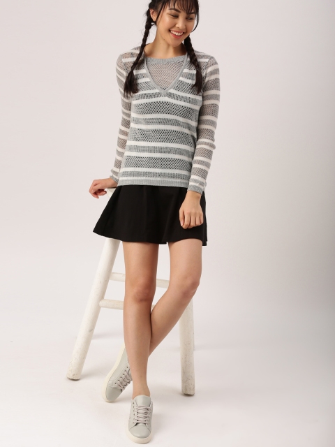 

DressBerry Women Grey & White Self-Striped Pullover Sweater