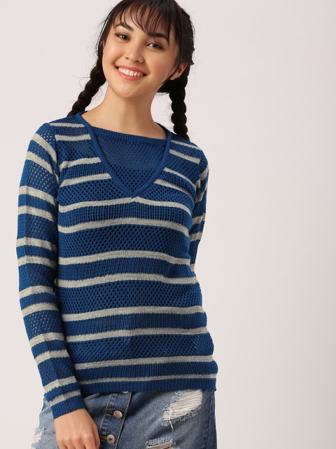 

DressBerry Women Blue & Grey Self-Design Pullover Sweater
