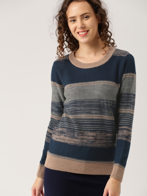 

DressBerry Women Navy & Grey Melange Striped Sweater, Navy blue