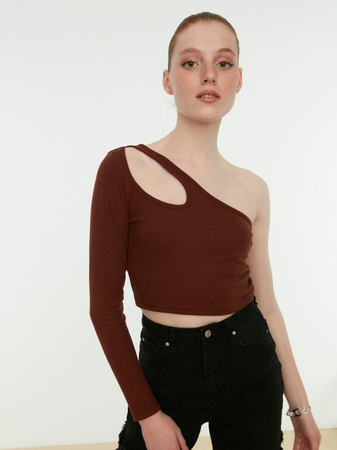 

Trendyol Women Brown One Shoulder Pure Cotton Crop Top