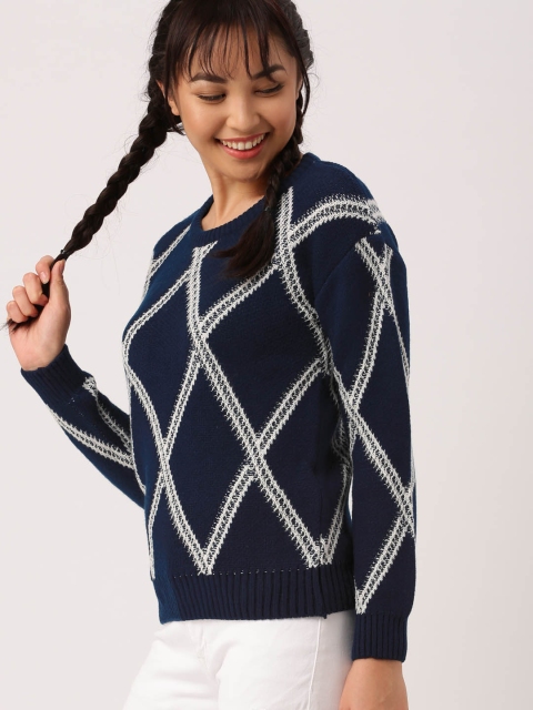 

DressBerry Women Navy Blue Self-Design Pullover Sweater