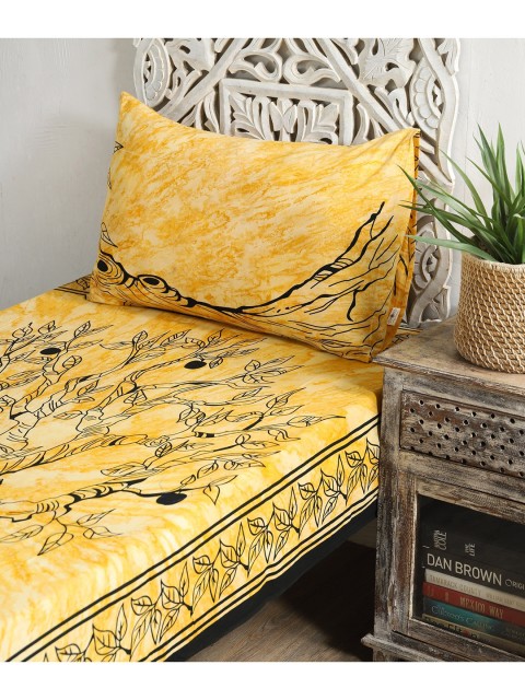 

HANDICRAFT PALACE Yellow & Black Ethnic Motifs 144 TC Single Bedsheet with 1 Pillow Cover