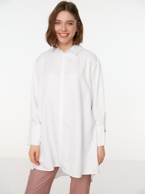 

Trendyol Women White Contemporary Long Line Spread Collar Casual Shirt