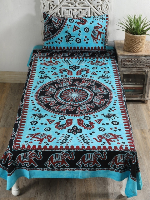 

HANDICRAFT PALACE Turquoise Blue & Black Ethnic Motifs 144 TC Single Bedsheet with 1 Pillow Covers