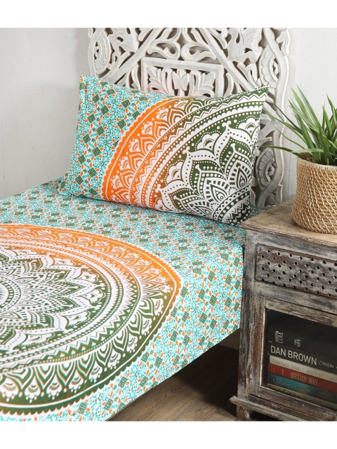 

HANDICRAFT PALACE Green & White Printed 144 TC Single Bedsheet with 1 Pillow Cover
