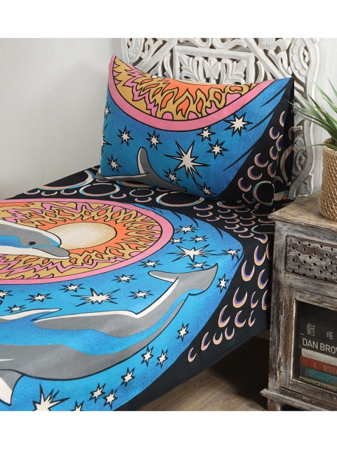 

HANDICRAFT PALACE Black & Blue Geometric Cotton Single Bedsheet with 1 Pillow Covers