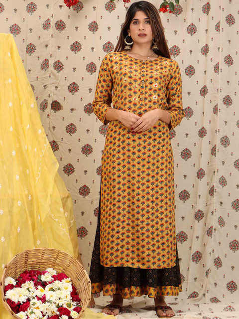 

KALINI Women Mustard Yellow Ethnic Motifs Embroidered Kurta with Palazzo