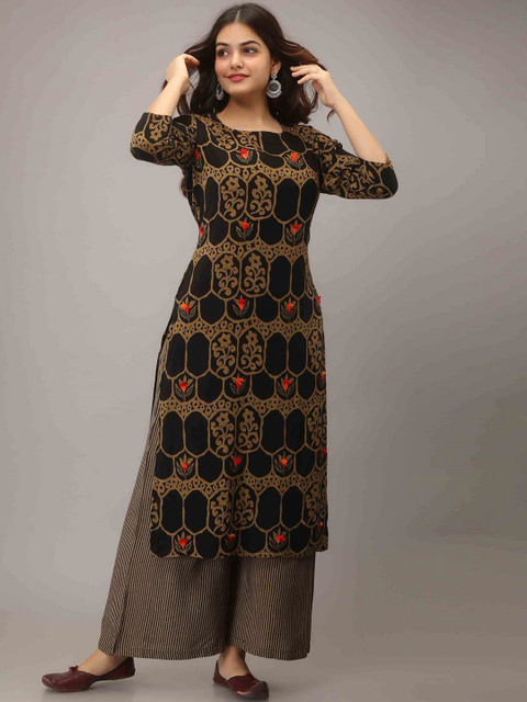 

KALINI Women Black Floral Embroidered Thread Work Kurta with Palazzos