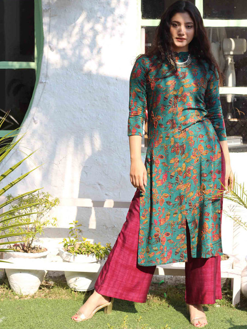 

KALINI Women Teal Floral Printed High Slit Kurta with Palazzos