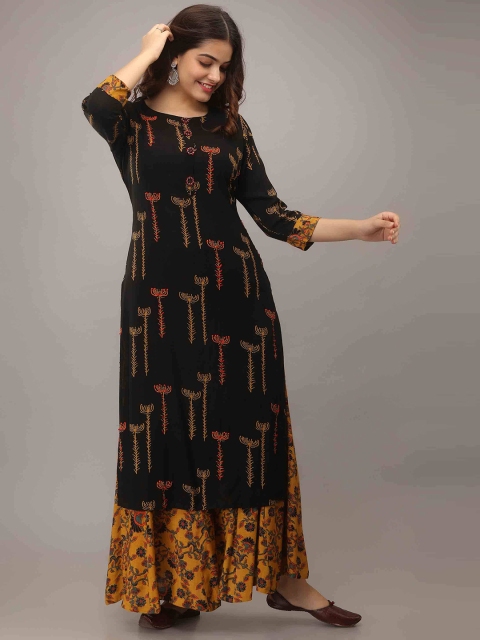 

KALINI Women Black Floral Embroidered Kantha Work Kurta with Sharara