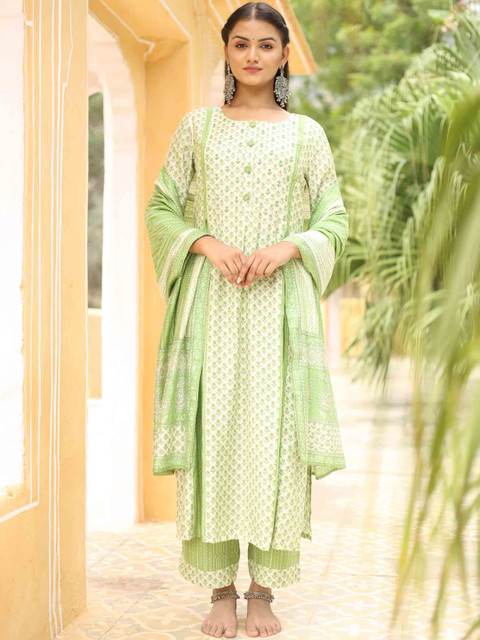 

KALINI Women Green Floral Printed Sequinned Chanderi Cotton Kurta with Palazzos & With Dupatta