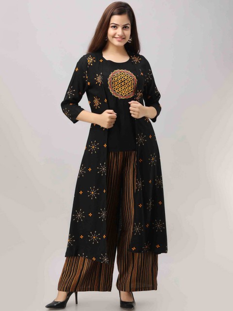 

KALINI Women Black Embroidered Empire Thread Work Kurti Sharara Set With Shrug