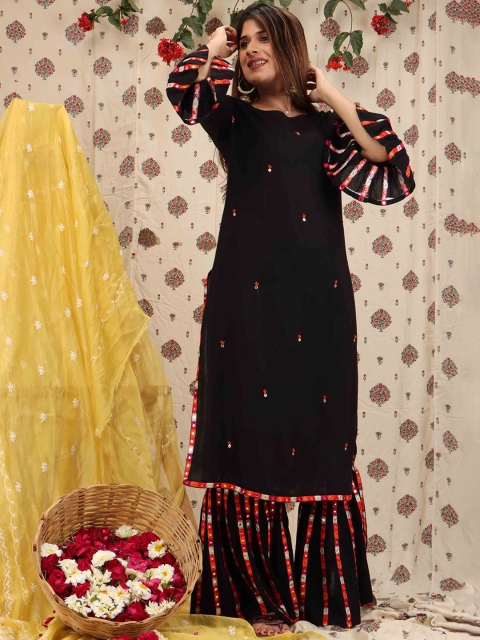 

KALINI Women Black Embroidered Mirror Work Kurta with Palazzos