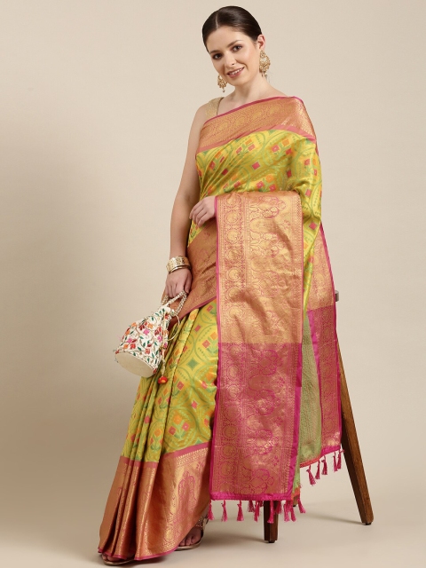 

MARGI DESIGNERS Green & Gold-Toned Woven Design Zari Art Silk Patola Saree