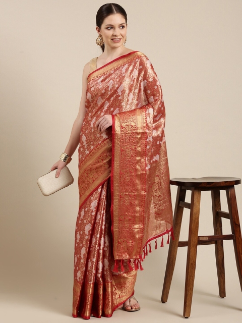 

MARGI DESIGNERS Red & Gold-Toned Ethnic Motifs Zari Art Silk Kanjeevaram Saree