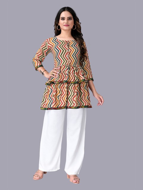 

Fashion FRICKS Women Orange & Cream-Coloured Geometric Print Tiered Top