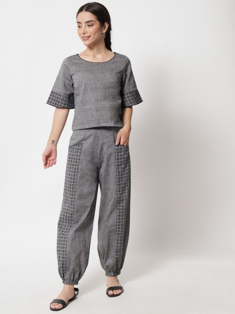 

9rasa Women Grey Block-Printed Pure-Cotton Co-Ords