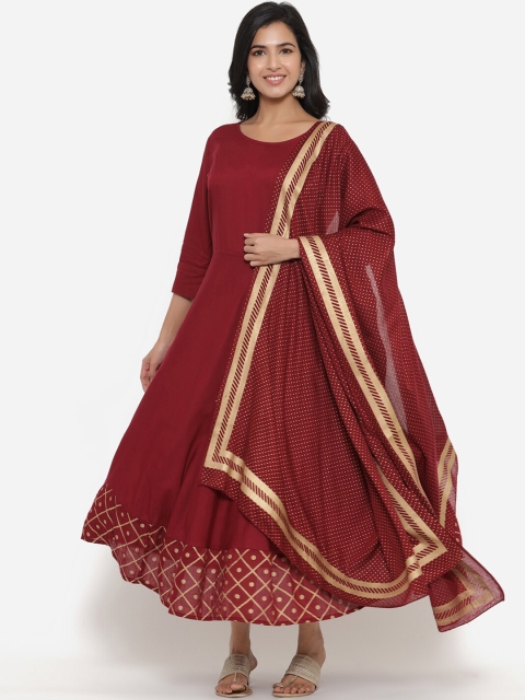 

SBR BABA KURTI Women Maroon Anarkali Kurta with Dupatta