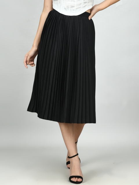 Retrobelaa Women Black Solid Accordion Pleated Midi Skirt